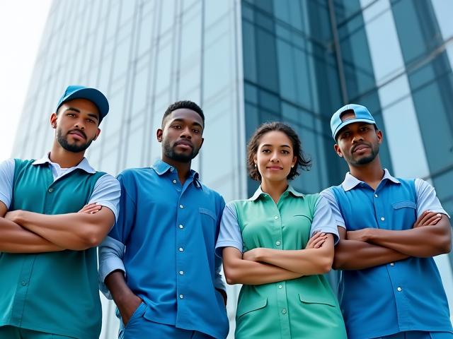 Professional cleaning staff standing confidently in front of a modern Lagos high-rise building